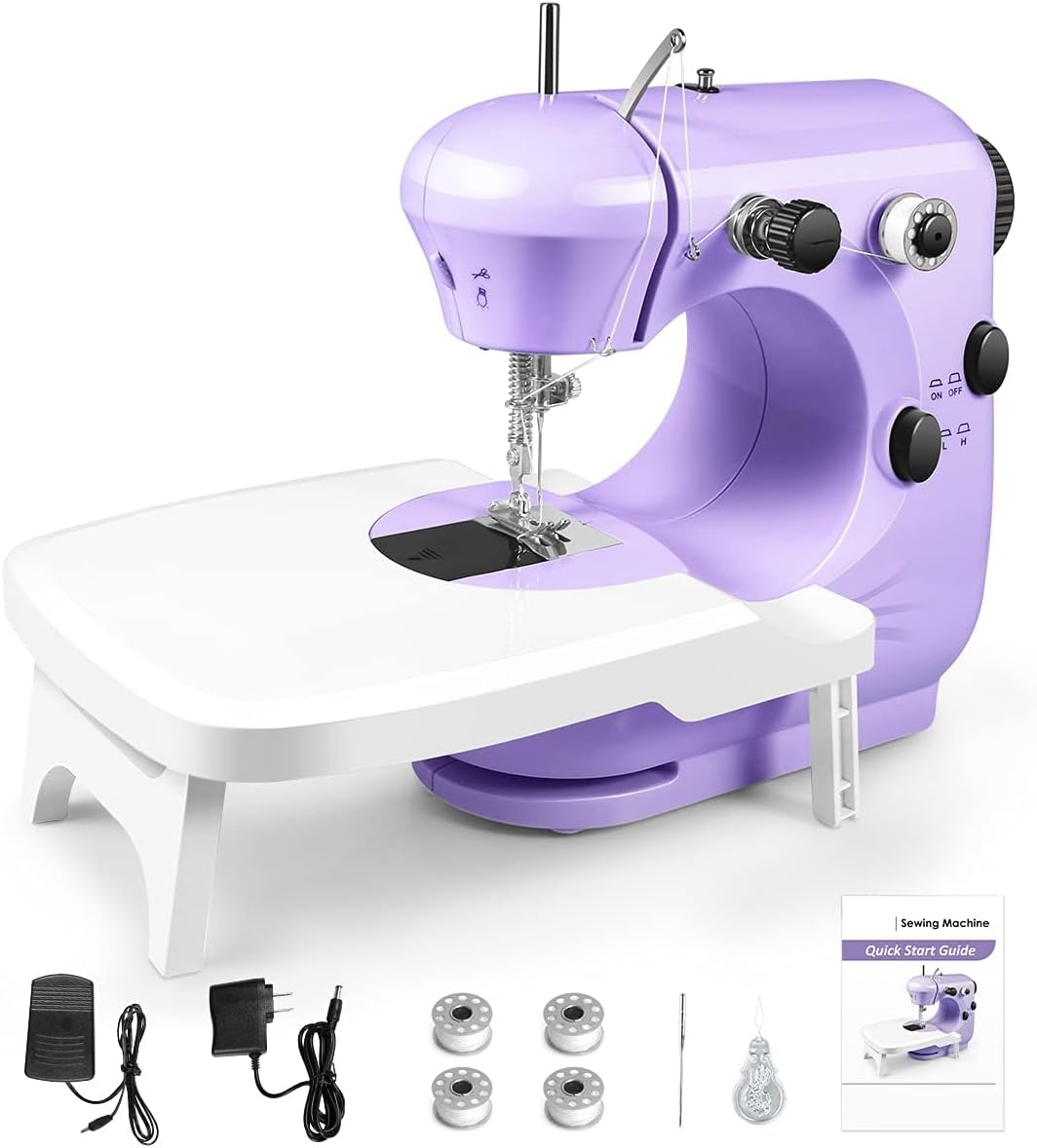 Casafield Mini Beginners Portable Machines with Extension Table, Adjustable 2 Speed with Foot Pedal with Sewing Kits, Best Gift for Kids Women Household, ABS-V1, Purple