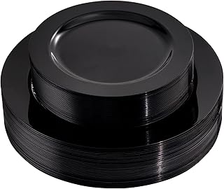 FLOWERCAT 60PCS Black Plastic Plates - Heavy Duty Black Disposable Plates for Halloween Party/Wedding - Include 30PCS 10.25inch Black Dinner Plates and 30PCS 7.5inch Black Dessert/Salad Plates