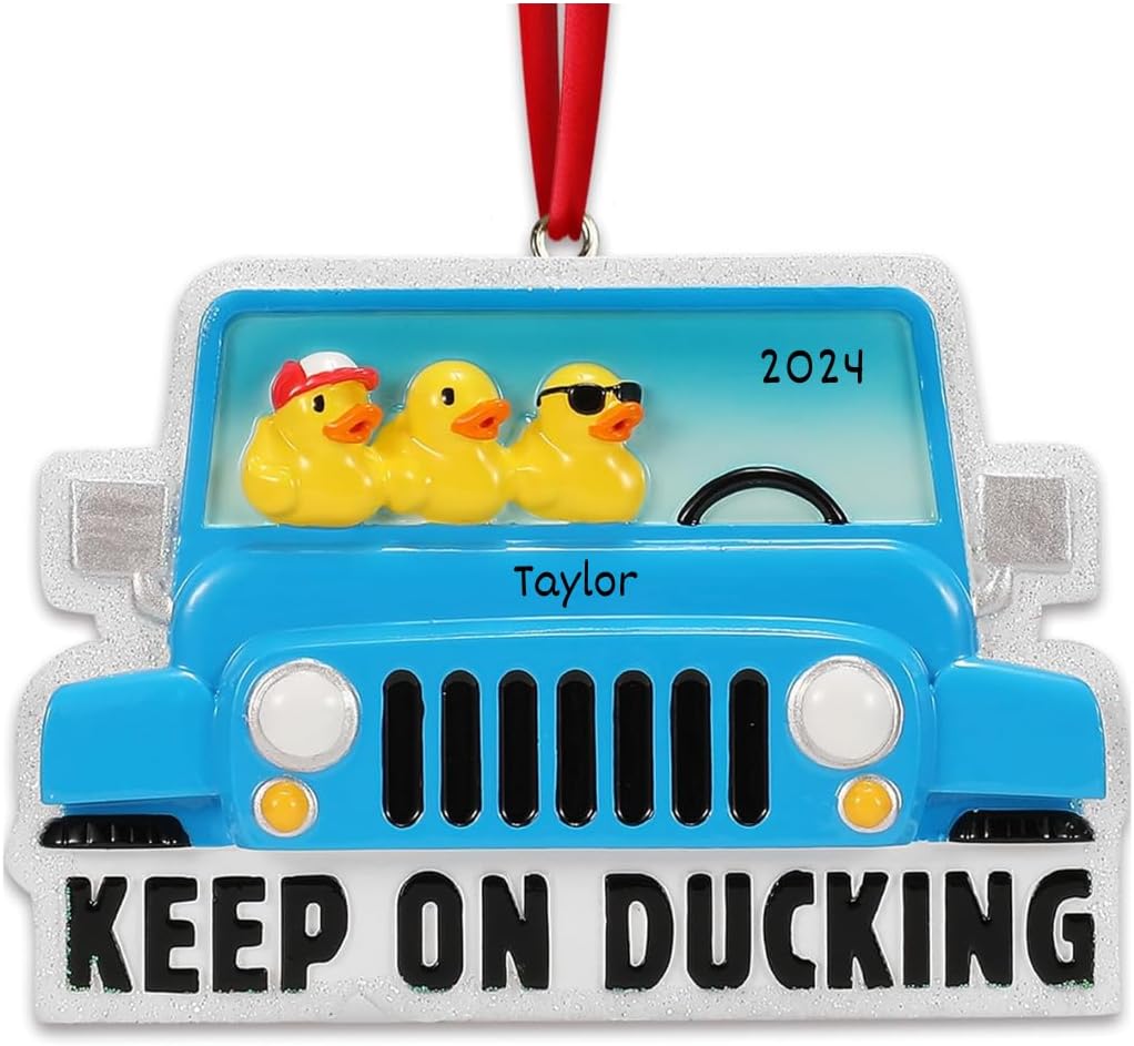 Personalized Blue Jeep Ornament With Ducks - Custom Christmas Decoration in Gift Box, Includes Gift Wrap Option - 4x4 Off-Road, Custom Name & Year, Perfect for Car Lovers' Holiday Decor