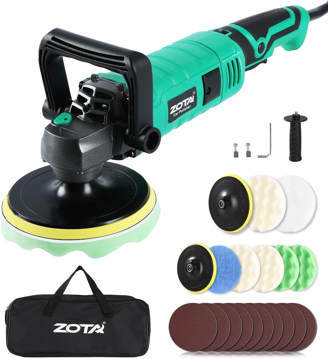 ZOTA Buffer Polisher, 1600W 7 Inch/6 Inch Pure Copper Motor Car Buffers and Polishers Kit, 7 Variable Speeds 1000-3500 RPM Car Polishers and Buffers, Ultra-long Cord for Car Boat Polishing Waxing.