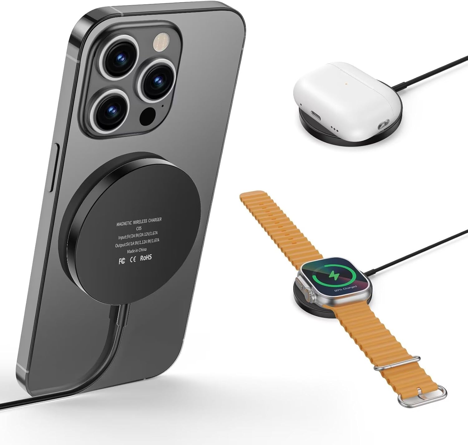 3 in 1 Magnetic Wireless Charging Pad for iPhone 12-16 Series, Charging Pad for Multiple Devices Mag Safe Wireless Charger Pad for Apple Watch 9/8/7/6/5/4/3/2/SE & AirPods 3/2/Pro Black