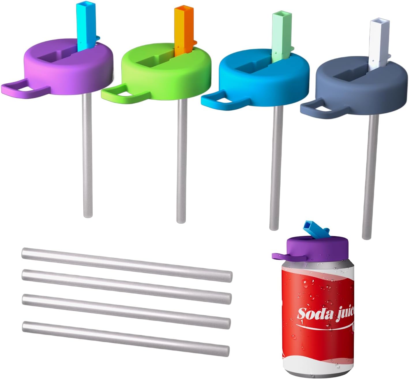 Silicone Beverage Can Straw Lids,4-pack Reusable Soda Can Covers with Built-In Straw, BPA-Free, Leak-Proof, Ideal for Energy Drinks, Seltzer, Juice, and More