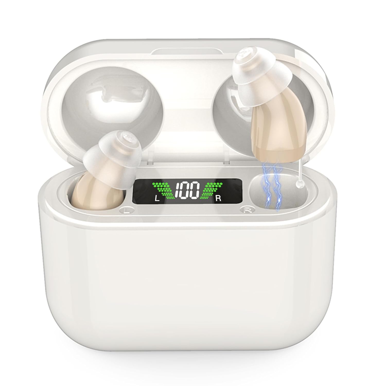 Digital Rechargeable Hearing Amplifier for Seniors with Charging Case, Invisible Hearing Amplifier with Noise Reduction, Long-Lasting Rechargeable Battery, Easy to Use, Ear Domes (Beige)