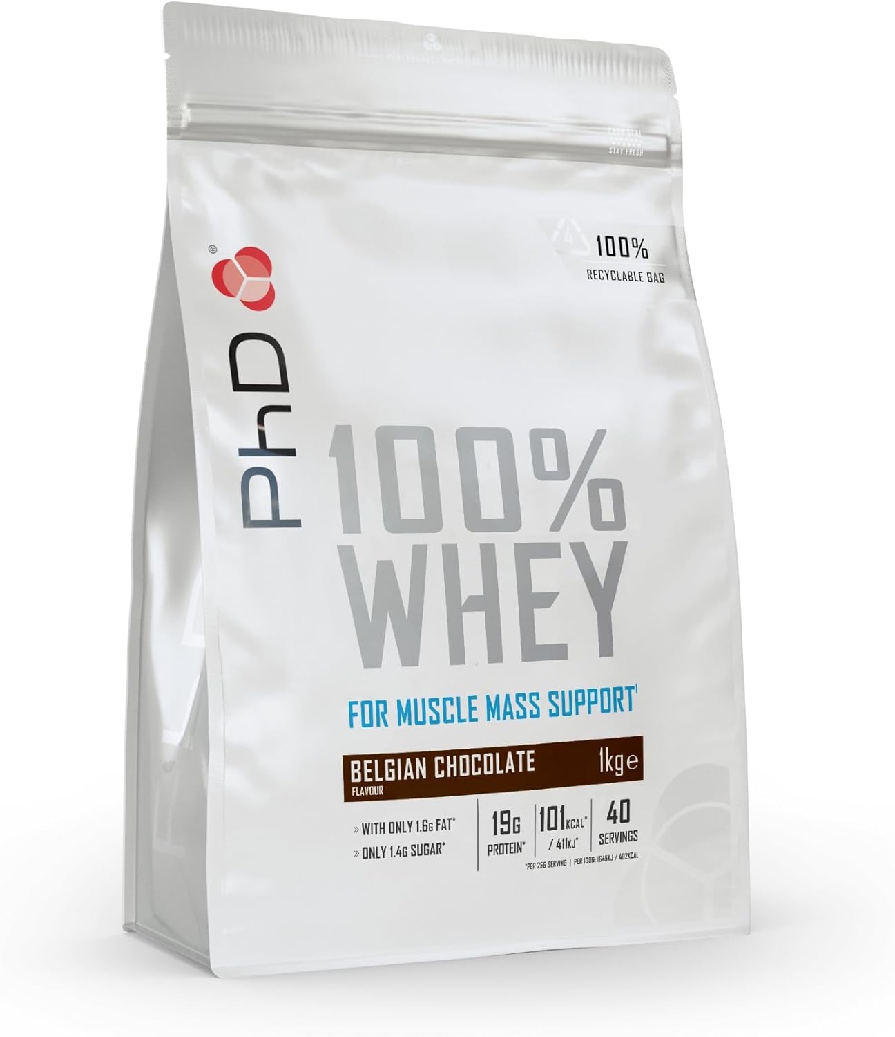 PhD Nutrition 100 Percent Whey Belgian Chocolate Protein Powder | Low Calorie High Protein Powder | 40 Servings per 1 kg Bag