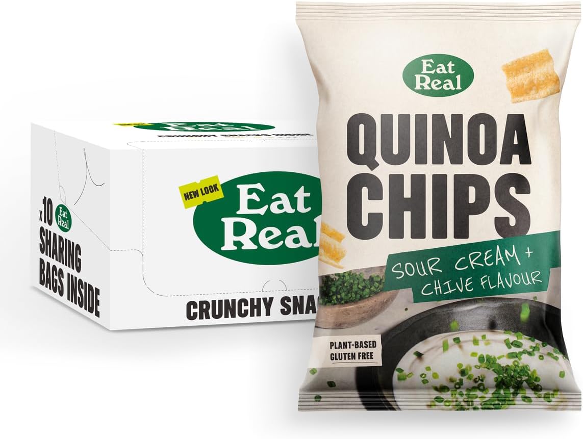 Eat Real, Quinoa Chips, Sour Cream & Chive, 10 x 90g, Gluten-Free Crisps Multipack, Vegan-Friendly, Healthy Plant-Based Snacks