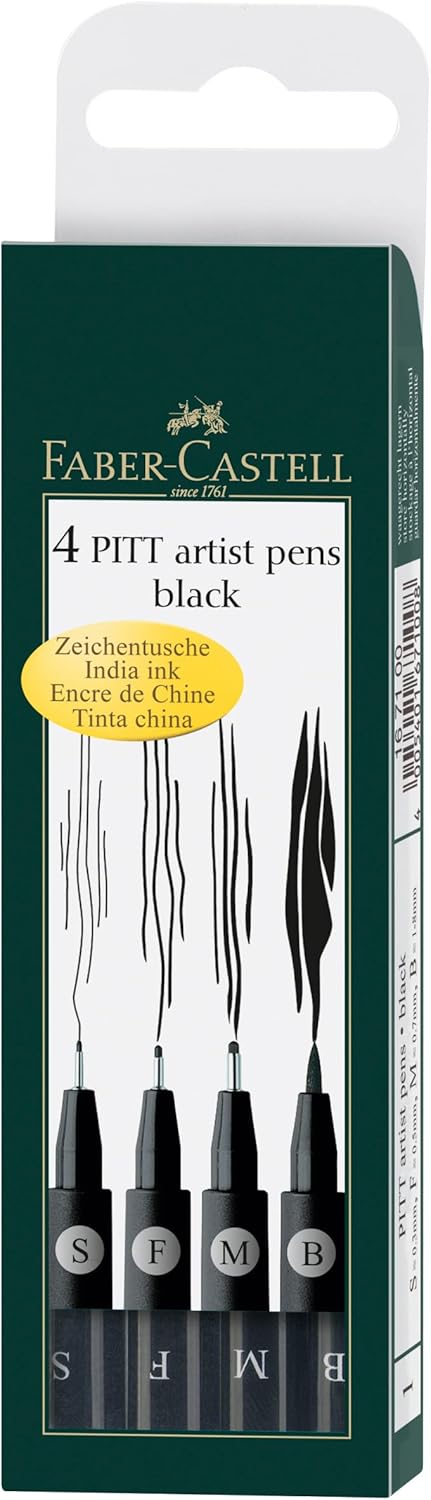 Faber-Castell Art & Graphic Pitt Artist Pen India Ink Pen, Black, Wallet Of 4, For Art, Craft, Drawing, Sketching, Home, School, University, Colouring