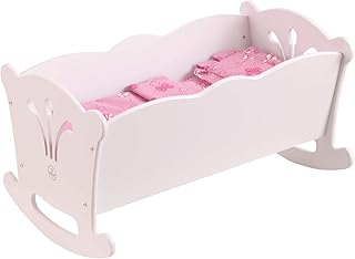 KidKraft Wooden White Lil' Doll Rocking Cradle with Pink Butterfly Pad, Blanket and Pillow for 18-Inch Baby Dolls Gift for Ages 3+