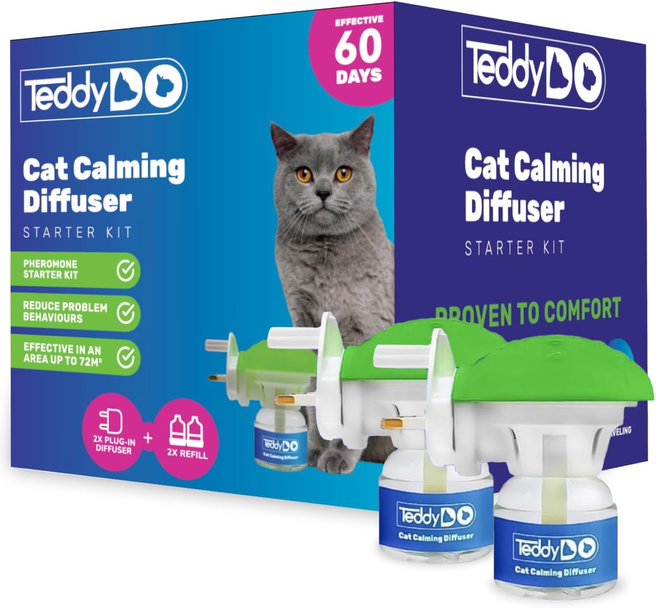TeddyDo Cat Calming Diffuser Plug-In (UK Type G) Pheromone Diffuser for Cats | 2 Diffusers + 2x48ml Refills | 60-Day Double Pack | Helps Reduce Scratching, Spraying & Anxiety | Safe Stress Relief