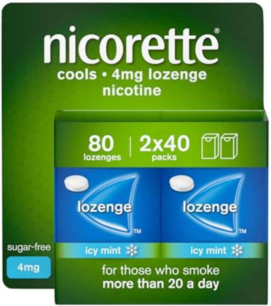 Nicorette Cools 4mg Lozenge, 80 Lozenges (2 x 40 Packs), Effective and Discreet Quit Smoking Aid for Cigarettes, Nicotine Lozenges with Dual-Layer Icy Mint Flavour Release