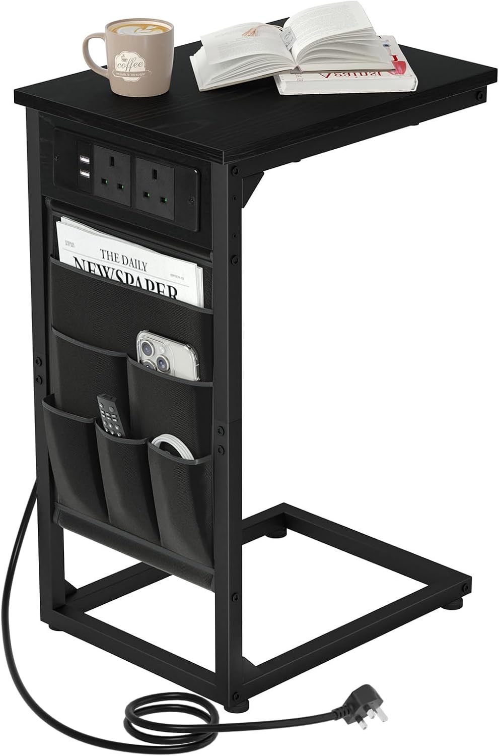 AMHANCIBLE C-Shaped Side Table, Sofa Table with Charging Station, 2 USB & AC Outlets, Bedside Table with Cloth Storage Bag, End Table for Small Spaces, Coffee Table for Living Room, Black HET04CBK-1