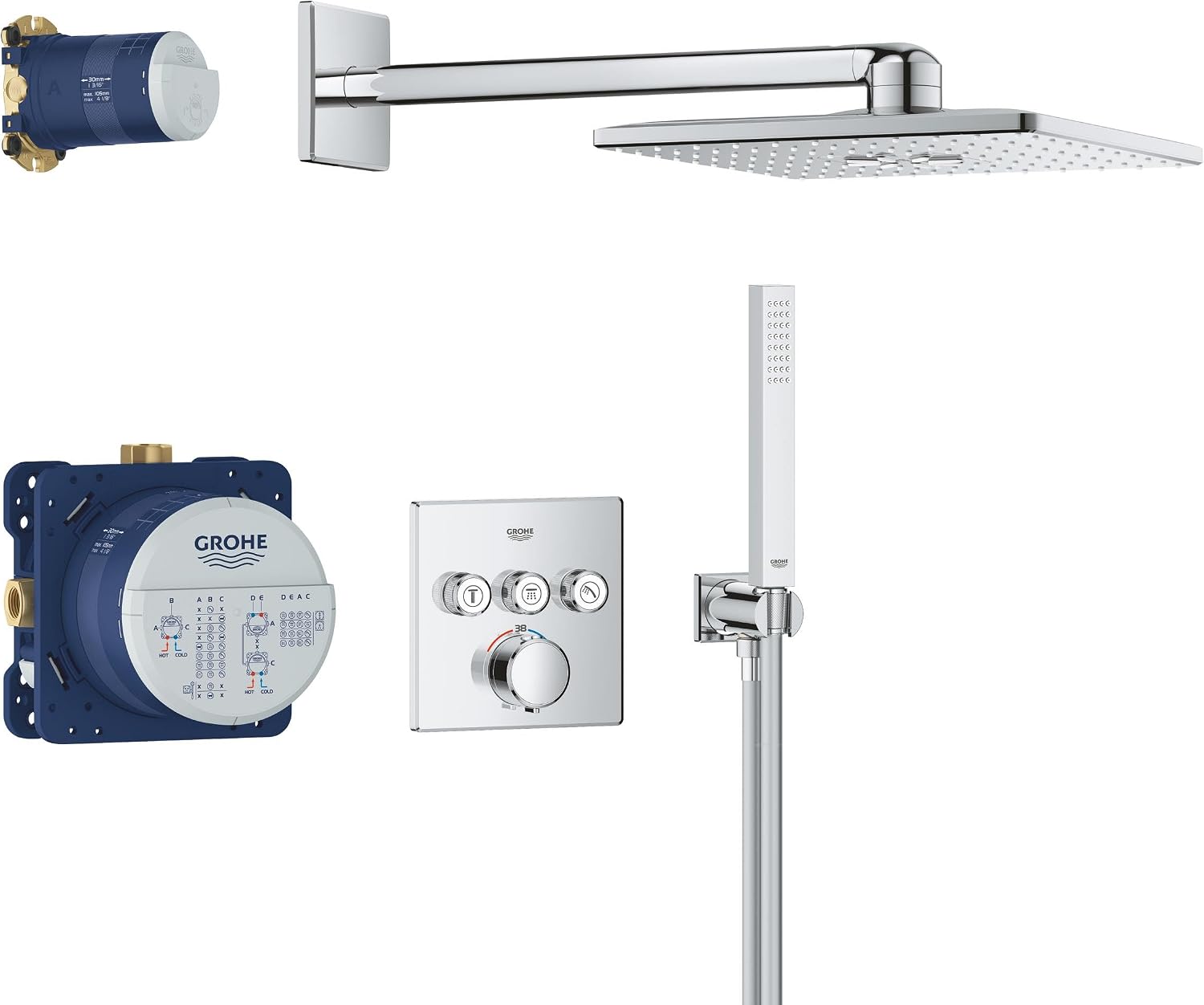 GROHE Precision SmartControl - Concealed Shower System with 3 Valves Thermostat (SmartActive 31cm Head Shower 2 Sprays, Cube Stick Hand Shower 1 Spray, Hose 1.5m, Square Trim), Chrome, 34875000