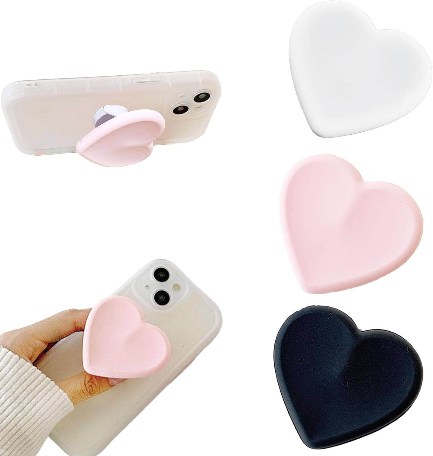 Leeneen Heart-Shaped Silicone Mobile Phone Grip Stand,Collapsible Cellphone Finger Grip Holder for Smartphone Tablet Cell Phone Accessory 3PCS (black white pink)