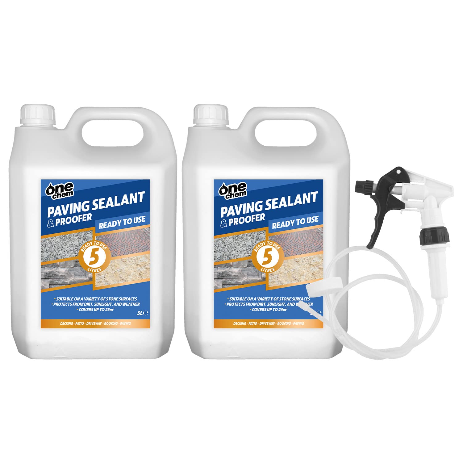 One Chem - Paving Sealant and Proofer - 2 x 5 Litre Water Seal - with Long Hose Trigger - Breathable, Colourless Waterseal for Brick, Wood and Stone