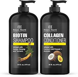 Botanic Hearth Biotin Shampoo and Conditioner with Collagen - Fights Hair Loss & Thinning with Korean Ginseng & Turmeric, Conditioner Promotes Hair Growth with Avocado and Coconut - 16 fl oz x 2