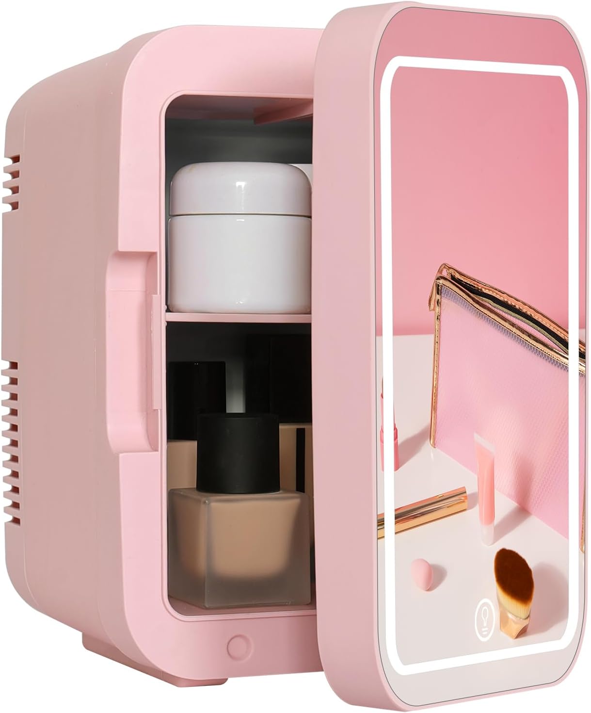 ARTETHYS Mini Fridge for Bedrooms 4L Skincare Beauty Fridge with LED Mirror Compact Car Fridge for Home Office Cosmetic, 220V AC/12V DC, Pink