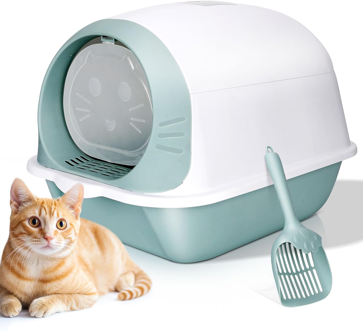 MASTERTOP Cat Litter Tray, Cat Litter Box with Anti-Spillage Lid, Enclosed Cats Litters Toilet with Charcoal Filter Odor Control, Extra Deep Hooded Litters Tray for Kittens - White and Green
