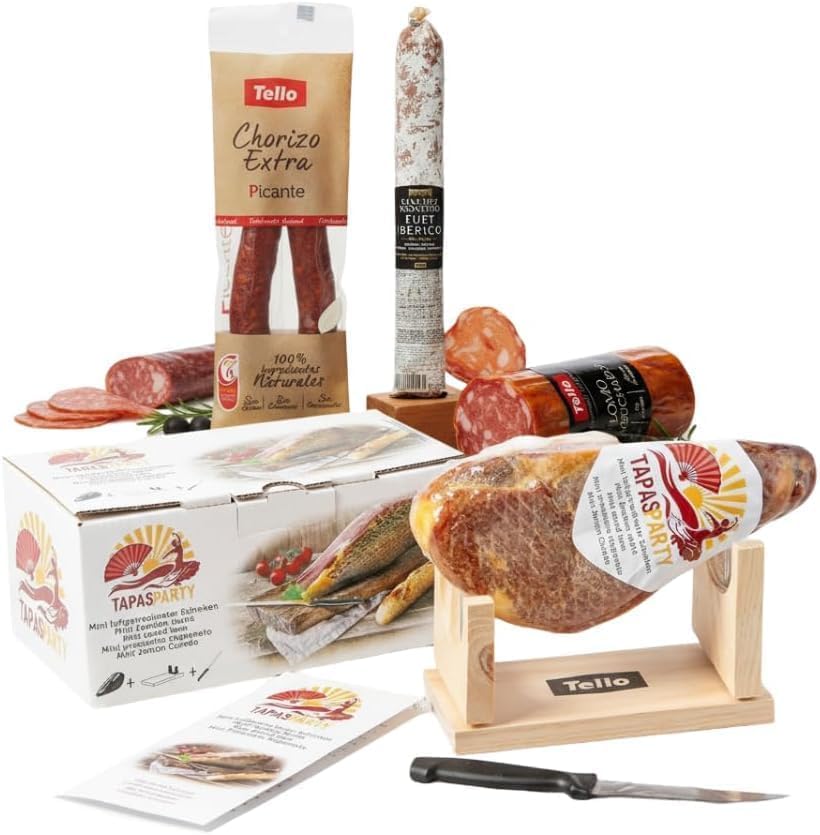Tapas Party Deluxe Set Gourmet Spanish | Mini Serrano Ham 1 kg with Ham and Knife + Sausage, Loin and Iberian Fuet | Ideal for Tapas, Gifts and Spanish Parties