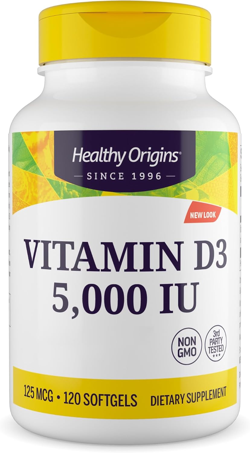 Healthy Origins High Strength Vitamin D3 5,000 UI Softgel Capsules - Immune Support, Optimal Absorption - Year-Round Wellness for Bone Health and Vitality
