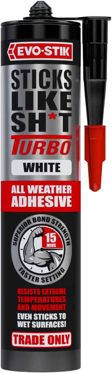EVO-STIK Sticks Like Sh*t Turbo Adhesive, All Weather, Fast Setting, Extreme Temperature & Movement Resistant, White, 290ml