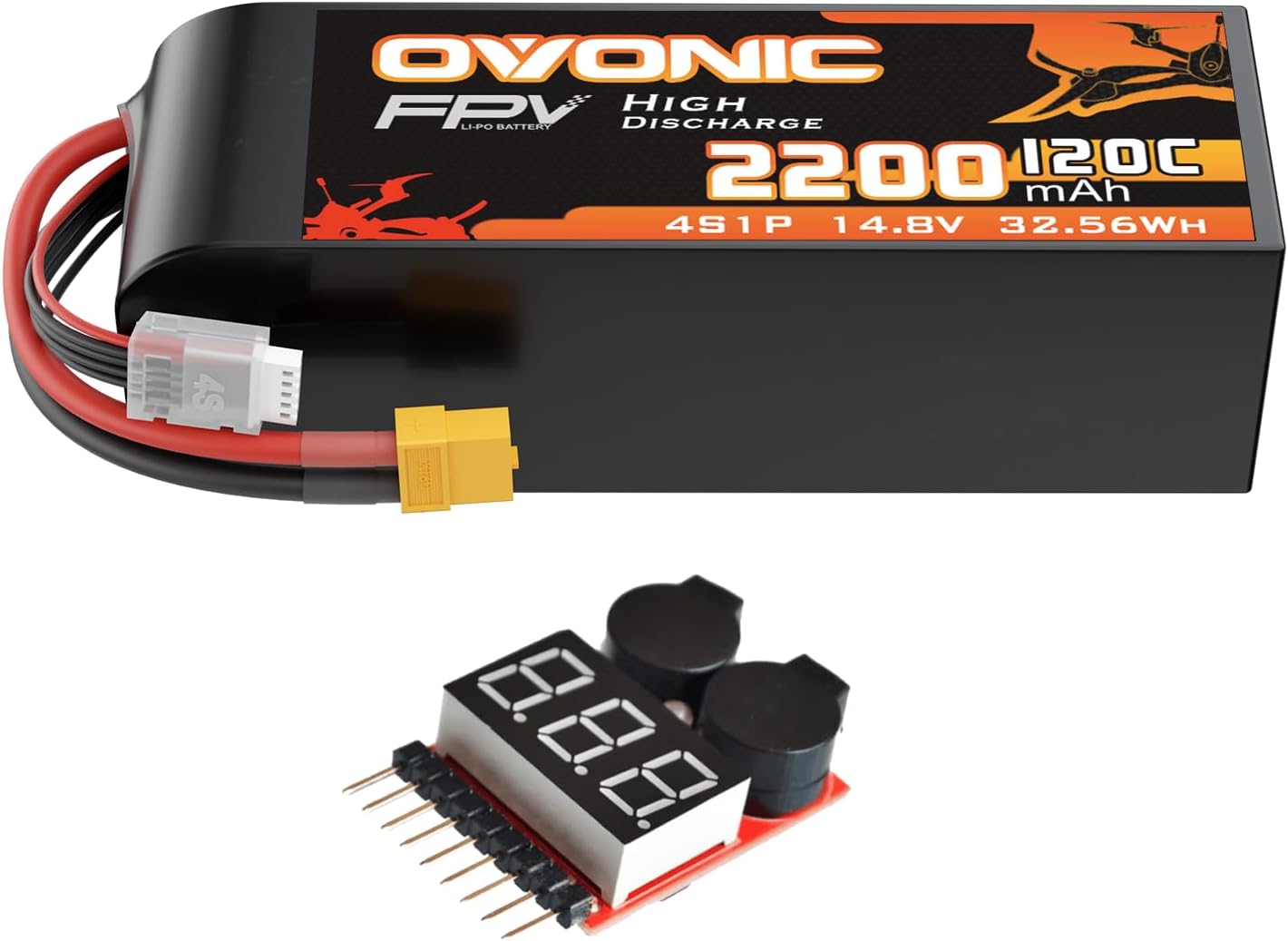 OVONIC 4s Lipo Battery 120C 2200mAh 14.8V Lipo Battery with XT60 Connector forRC FPV Racing Drone Quadcopter(with Lipo Voltage Checker)
