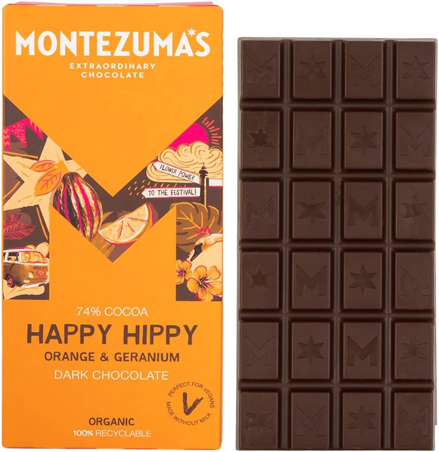 Montezuma's Happy Hippy, 74% Cocoa, Dark Chocolate With Orange & Geranium, Gluten Free, Naturally Vegan & Organic, 90g Bar