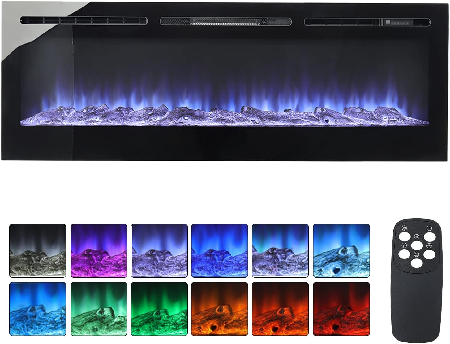 INMOZATA 152cm Electric Fire Wall Mounted Recessed Electric Fireplace With 12 LED Flame Colors, Adjustable Thermostat, Crystal&Logs Set, 900W/1800W, Remote&Touch Screen Control (152cm/60in, Black)