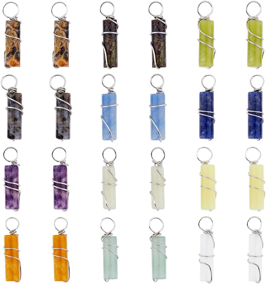 SUPERFINDINGS 24pcs 12 Colors Natural Gemstone Pendants Brass Wire Wrapped Colorful Column Jewelry Stone Clear Crystals Charm Bulk for Earring Bracelet DIY Jewelry Making Hole 2.4-2.7mm
