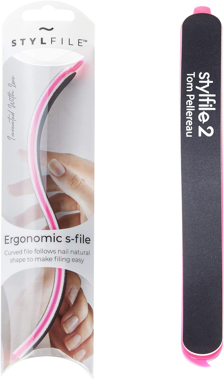 STYLFILE 2 Curved Nail File – S-Shaped Ergonomic Nail Shaper with Cuticle Pusher & Nail Skimmer, Ambidextrous Emery Board for Natural Nail Shape, Smooth Filing, at-Home Manicure Tool