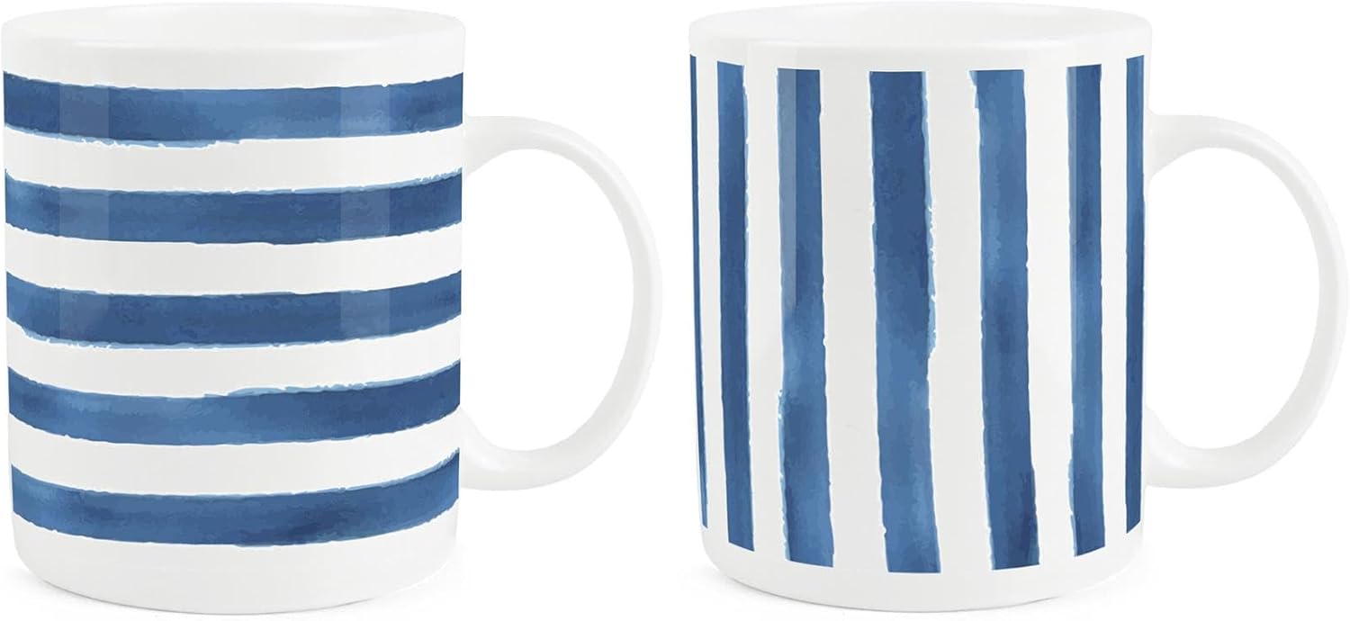 Purely Home Blue Stripes Mug Set - Mixed Set of 2 Stylish Striped Drinkware Gifts/Presents - White Bone China Coffee/Tea Hot Drinks Cup