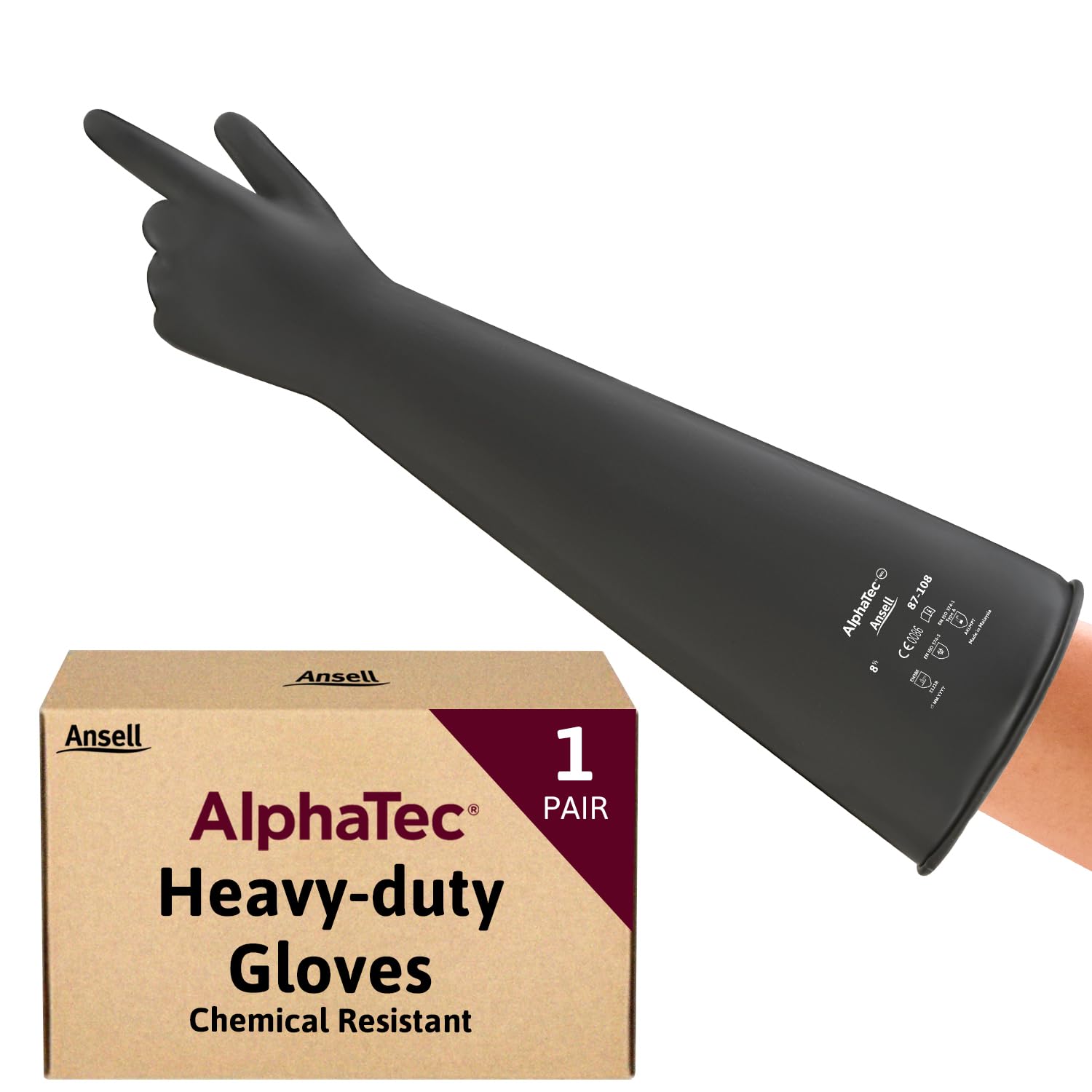 Ansell AlphaTec 87-108 Chemical Resistant Gloves in Latex with Long Cuff (61cm/24in), Heavy Duty Protection against Acids and Solvents, Reusable Rubber Latex Gloves, Black, Size L (1 Pair)