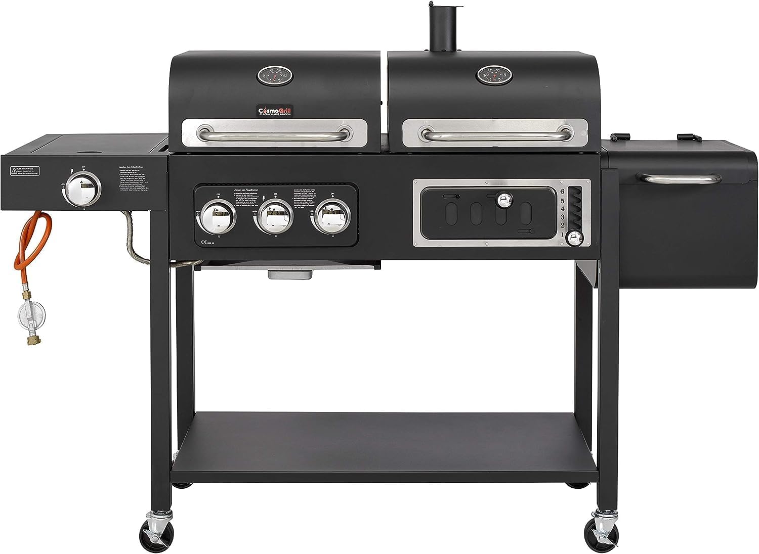CosmoGrill Hybrid 4 Burner Barbecue with Waterproof Cover | DUO Dual Fuel BBQ 3+1 Gas Grill and Charcoal Smoker BBQ Grill, Thermometer, Warming Rack | Outdoor Portable Dual Fuel Large Coal Barbecue