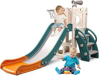 6 in 1 Toddler Playset with Slide,Toddler Slide,Slide for Kids with Basketball Hoop,Ball,Ring Toss,Kids Slide Toddler Playground Toddler Slide Indoor Outdoor Toys (6 in 1, White Orange)