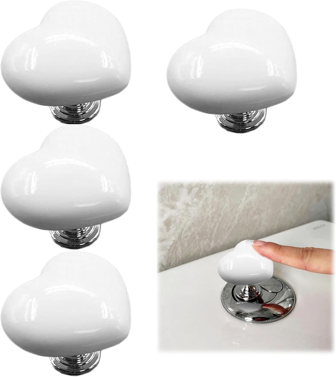 4 Pack White Heart Shaped Toilet Flush Buttons,White Plastic Toilet Tank Push Button Pusher Replacement,Heart Shaped Pattern Water Tank Creative Press,Toilet Flush Button Pusher,for Women Long Nail