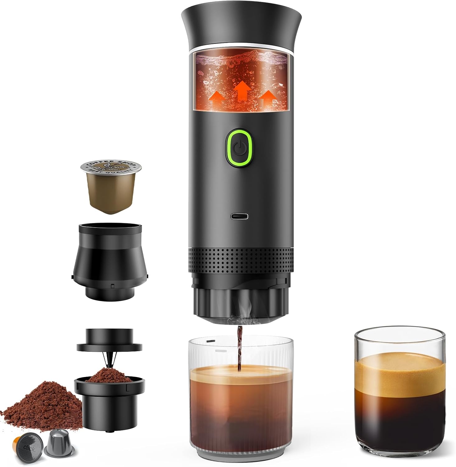 Kidovin 3-in-1 Portable Espresso Coffee Machine, Portable Coffee Maker, Compatible with Big Capsule, Small Capsule and Coffee Powder, Self-Heating, Travel Coffee Maker for Camping, Office, Home, RV