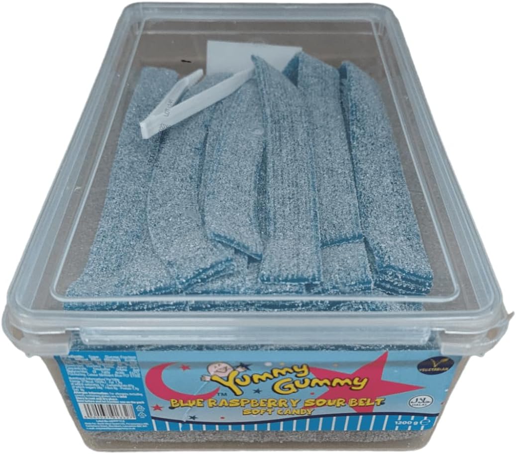 Yummy Gummy Blue Raspberry Sour Belts – 1kg Bulk Tub | Soft & Chewy Fizzy Candy