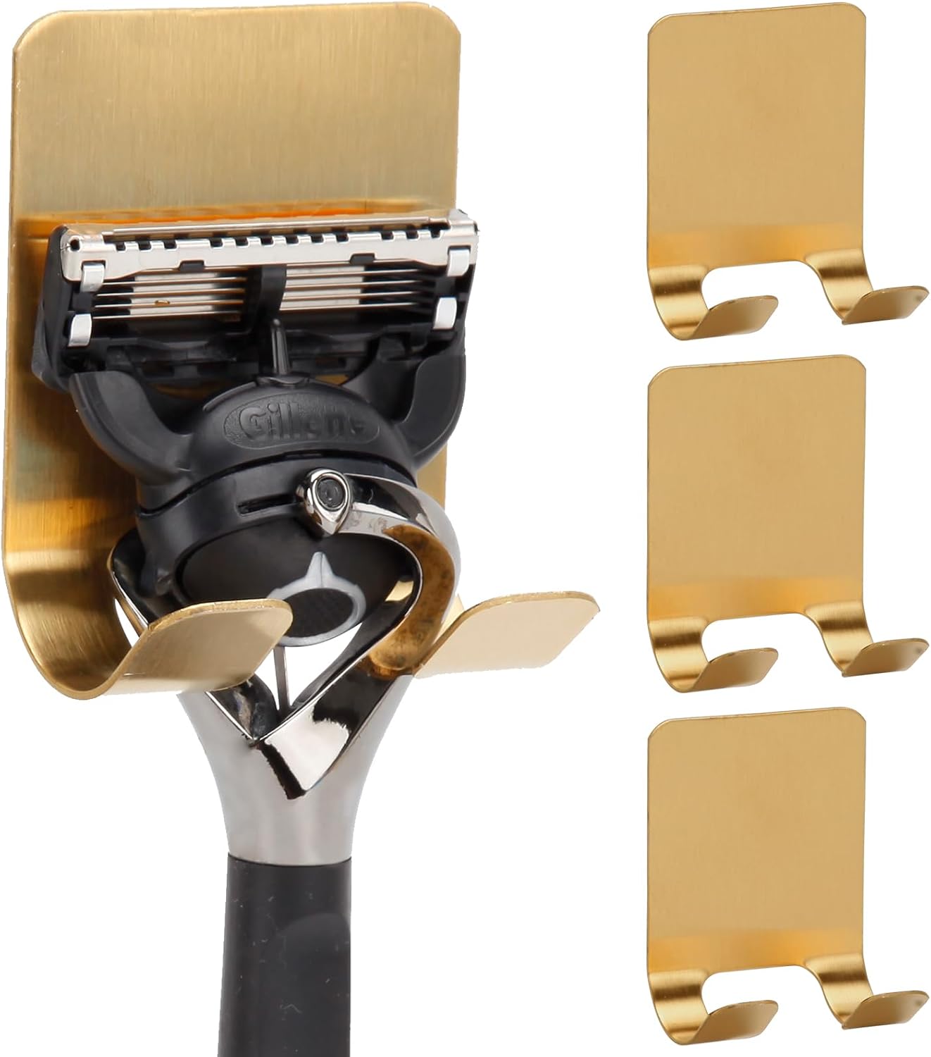 Self Adhesive Hooks Waterproof Razor Holder in Inside Shower 4 Pack, Metal Heavy Duty Utility Storage Hook.Towel. Loofah Holder for Wall.Hanger Hooks for Bathroom or Kitchen Organisation. Gold