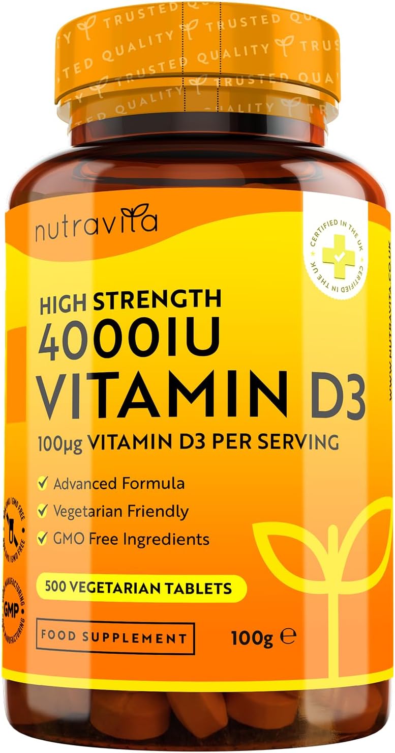Vitamin D 4000 IU - 500 Micro Tablets - Max Strength - 16 Month Supply - Hight Strength Vegetarian VIT D3 - Vitamin D3 Supports Your Immune System & Bone Health - Made in The UK by Nutravita