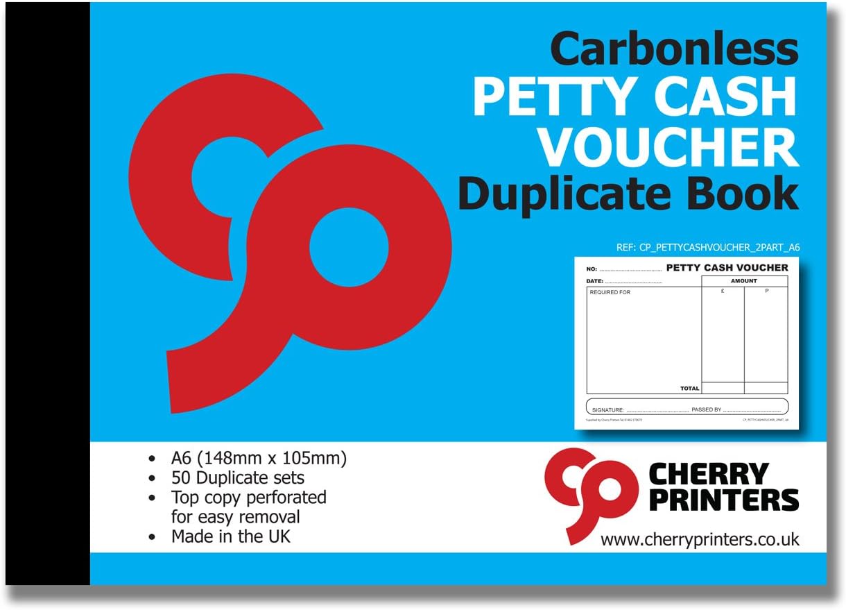 Cherry Carbonless Petty Cash Voucher Duplicate Book | A6 (148mm x 105mm) | 50 Perforated Sets | Made in The UK