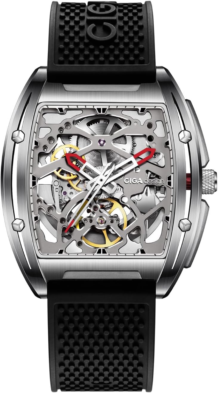 CIGA Design Z Series Automatic Mechanical Watch, Luxury Skeleton Wristwatch Tonneau with Silicone Strap Stainless Steel Business Dress Waterproof Timepiece Gifts for Men and Women
