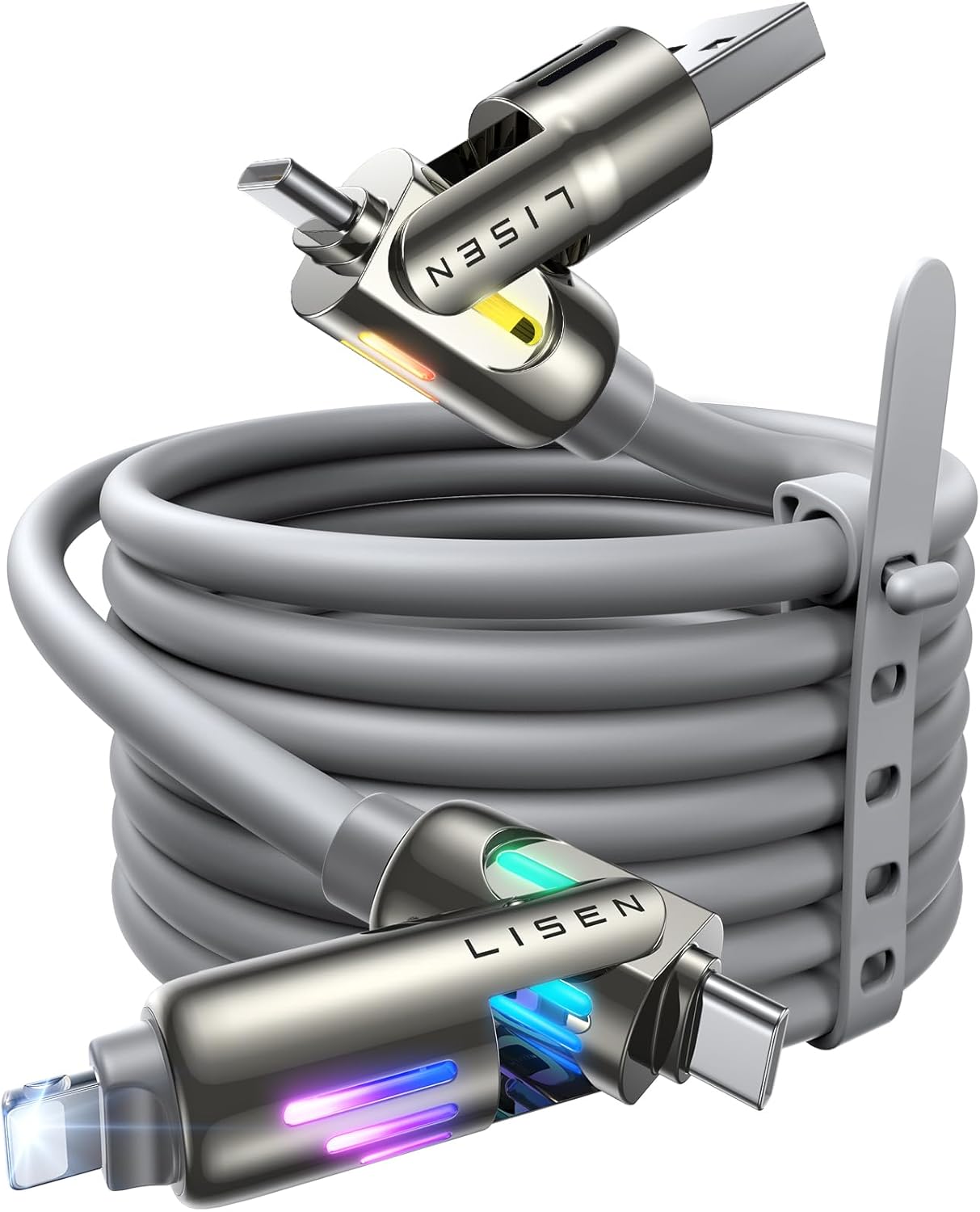 LISEN USB C to Lightning Cable, 240W 4 in 1 Charging Cable 6.6FT, Chubby USB A/C to C/Lightning with Light for iPhone 16e 16 15 14 Pro/MacBook/iPad/Samsung S25/Switch 2, Multi Chargers for All Devices