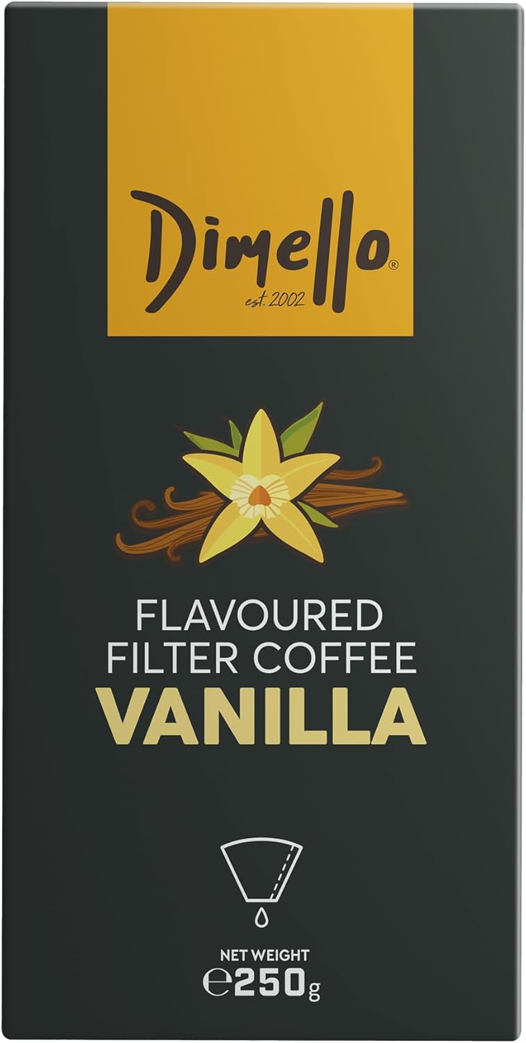 Dimello Vanilla Flavoured Filter Coffee, Ground Coffee 250g - Luxurious Filter Blend with Central & South American Beans, Ideal for Cafetiere & Filter Brewing