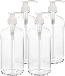 kitchentoolz 32 Ounce Large Clear Glass Boston Round Bottles with White Pumps. Great for Lotions, Soaps, Oils, Sauces and DIY Laundry Detergent - Food Safe and Medical Grade (Pack of 4)