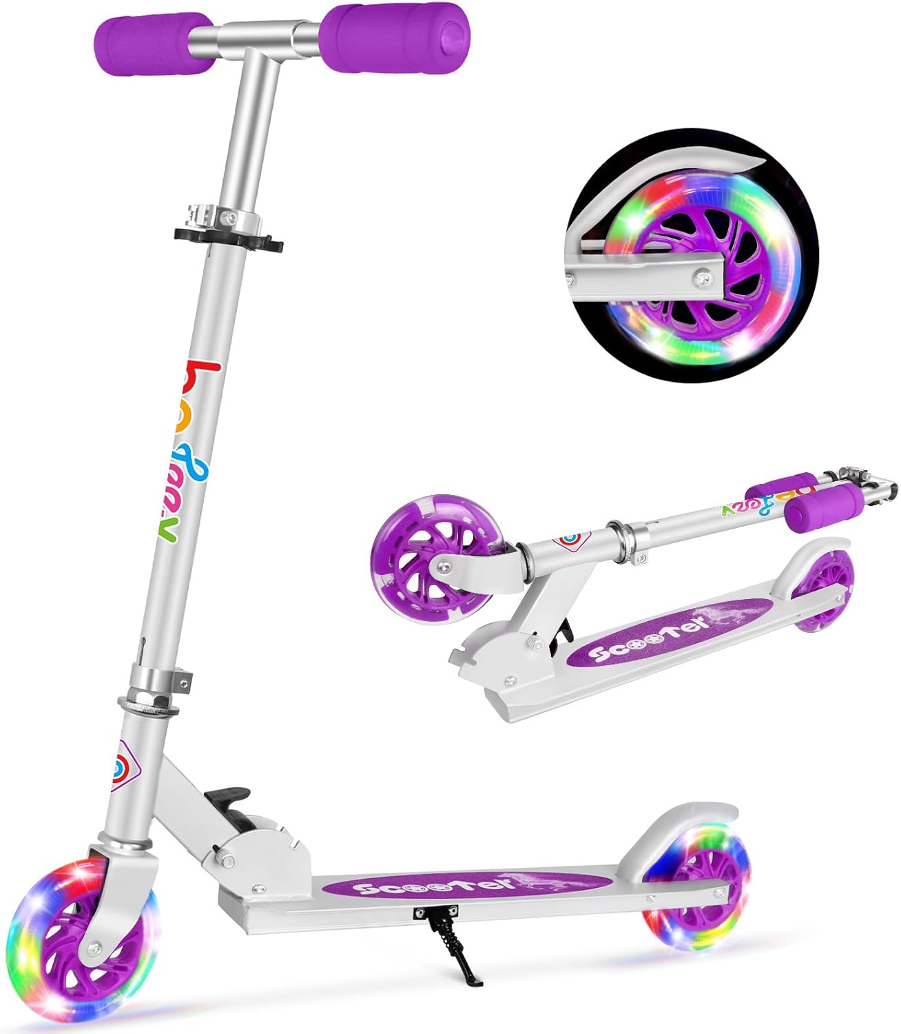 BELEEV V1 Scooter for Kids, 2 Wheels Folding Kick Scooter for Children Girl and Boys, 3 Adjustable Height, Flashing Light up Wheels, Lightweight Scooter with Sturdy Frame, Kickstand, Age 3-12