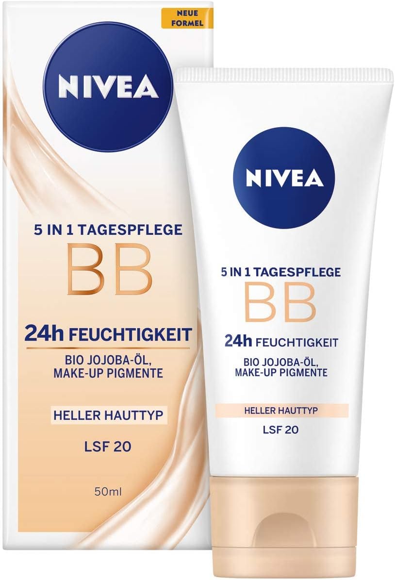 NIVEA BB 5 in 1 Day Cream 24h Moisture (50 ml), BB Cream for Light Skin Types with SPF 20, Tinted Day Cream with Organic Jojoba Oil & Makeup Pigments