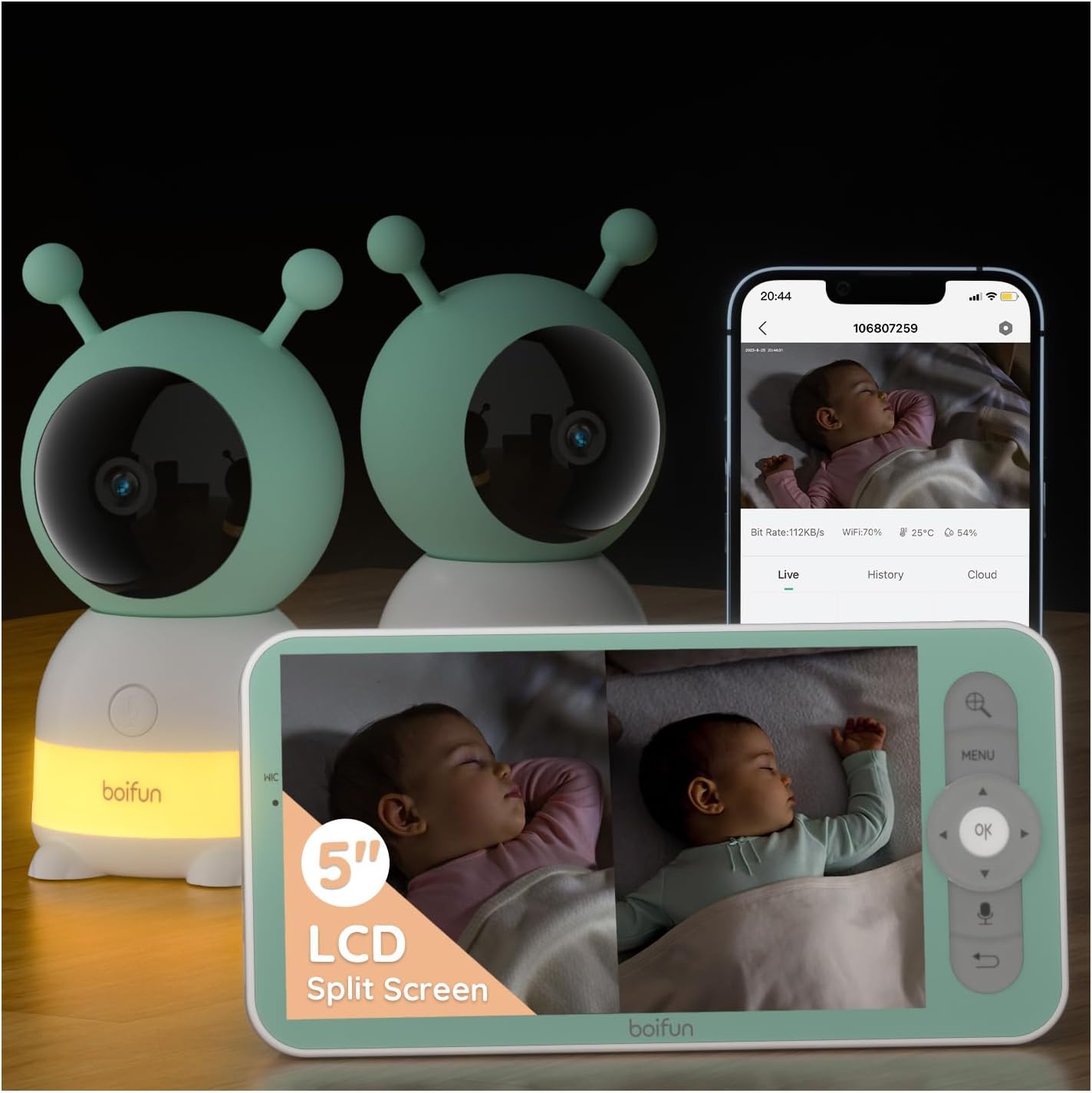 Boifun 2K WiFi Baby Monitor With Two Cameras, Night Light, App & 5" Split-Screen Control, Motion&Cry Detection, Auto Tracking, PTZ, Humidity & Temperature Sensor, 2-Way Audio, Custom Alert Area, Twins