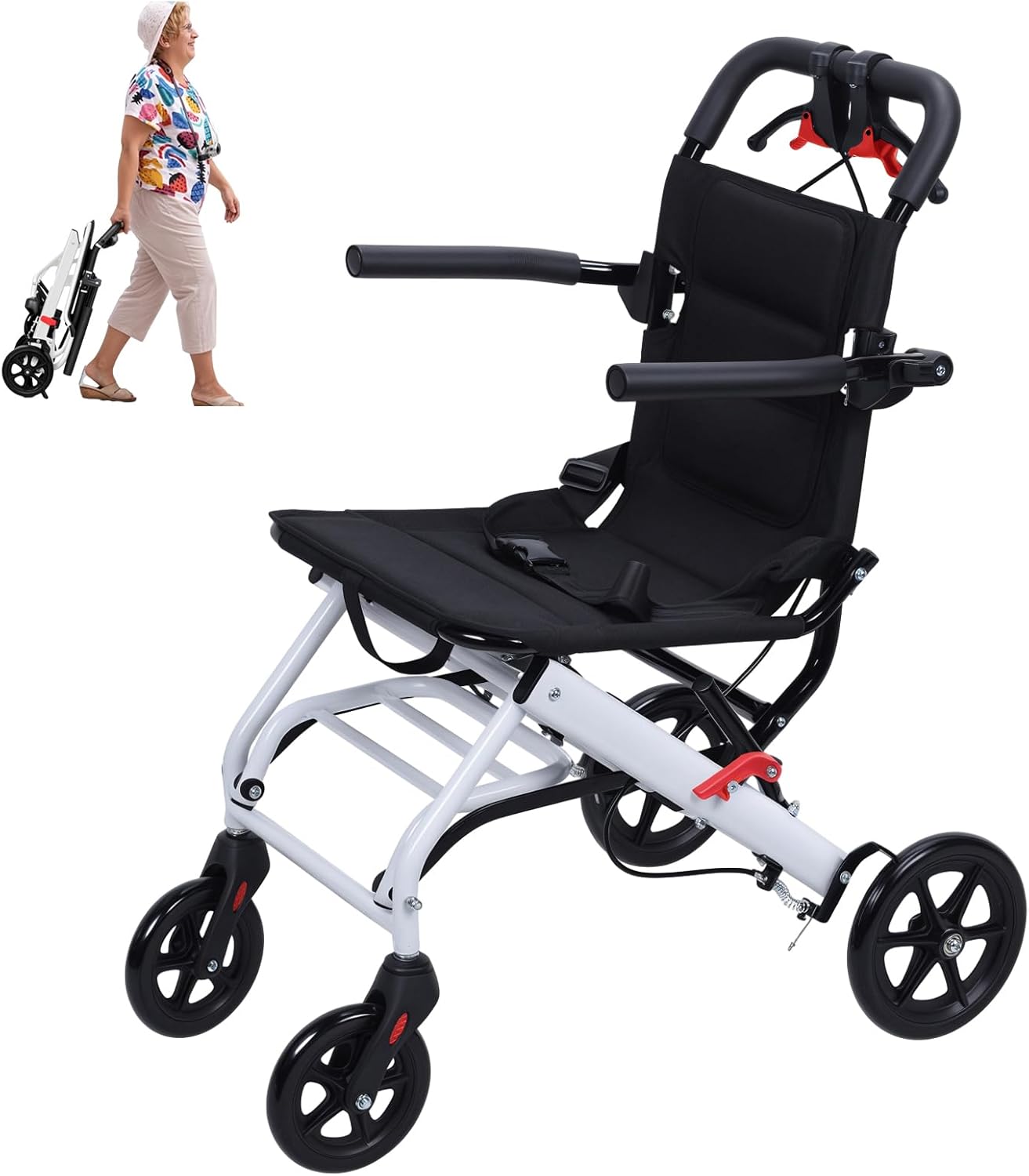 Portable Transit Travel Wheelchair, Ultra Lightweight Folding Transport Wheelchair for Adults and Seniors, 81KG Capacity, Aluminium, Narrow Doorway Mobility Wheelchairs (White)