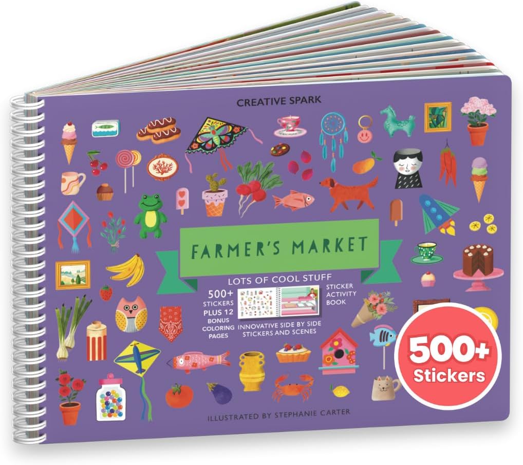 CUPKIN Sticker Book for Kids 2-4, 500+ Kids Stickers, Farmer's Market 12 Coloring Pages 12 Side by Side Scenes, Fun Toddler Travel Activity Coloring and Sticker Books for Children Ages 4-8 + 8-10