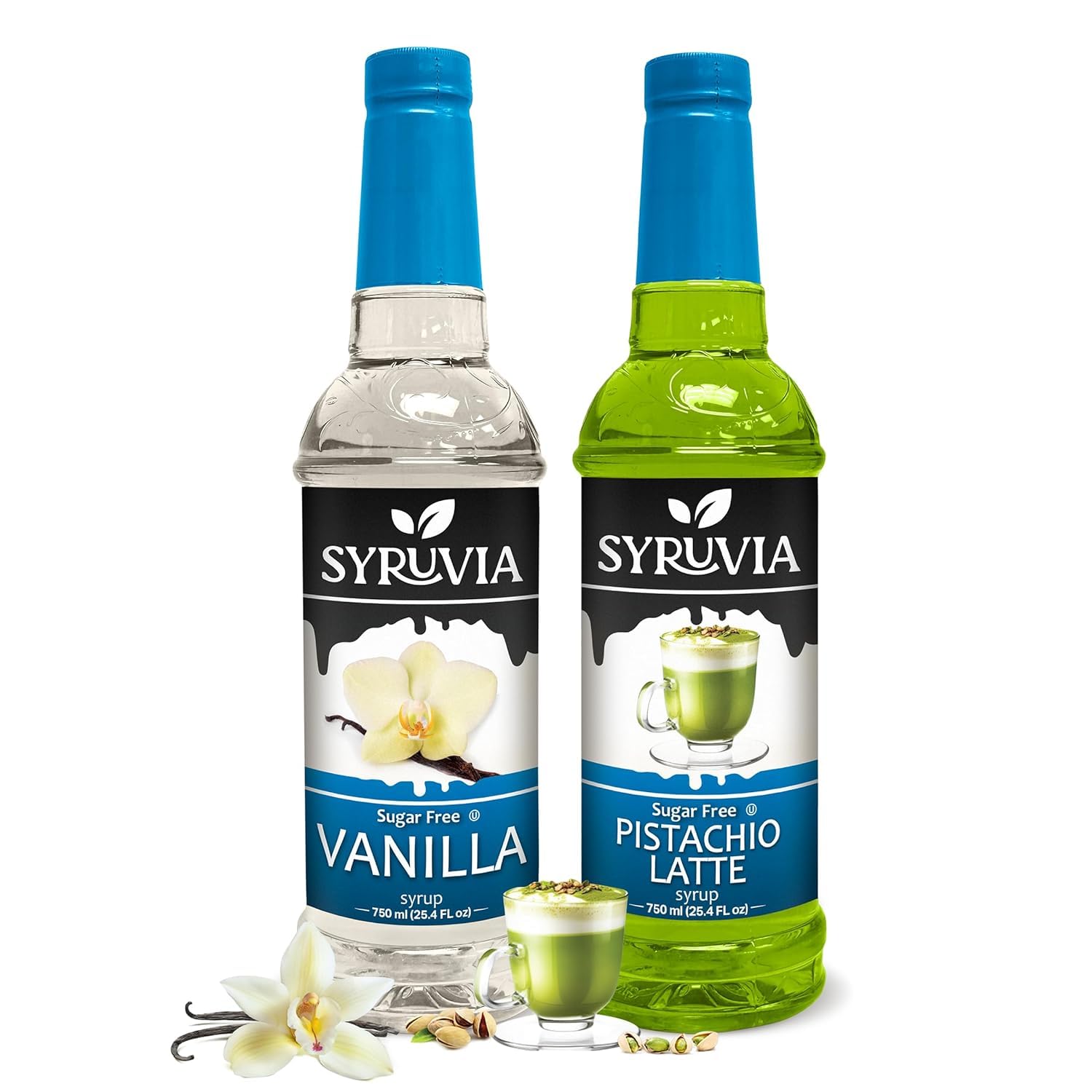 Syruvia Sugar-Free Vanilla and Sugar-Free Pistachio Latte Syrup - 25.4 fl oz. Premium Coffee Flavoring Syrup. 0 Calories, Kosher, and Gluten-Free. Perfect for Drinks, Sodas, Shakes, Desserts, and More