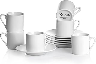 Klikel Espresso Cup And Saucer Set - White Cappuccino Cup - Demitasse Cup - Espresso Mug - Small Coffee Cups For Cuban Coffee or Italian Espresso - Espresso Cups Set Of 6