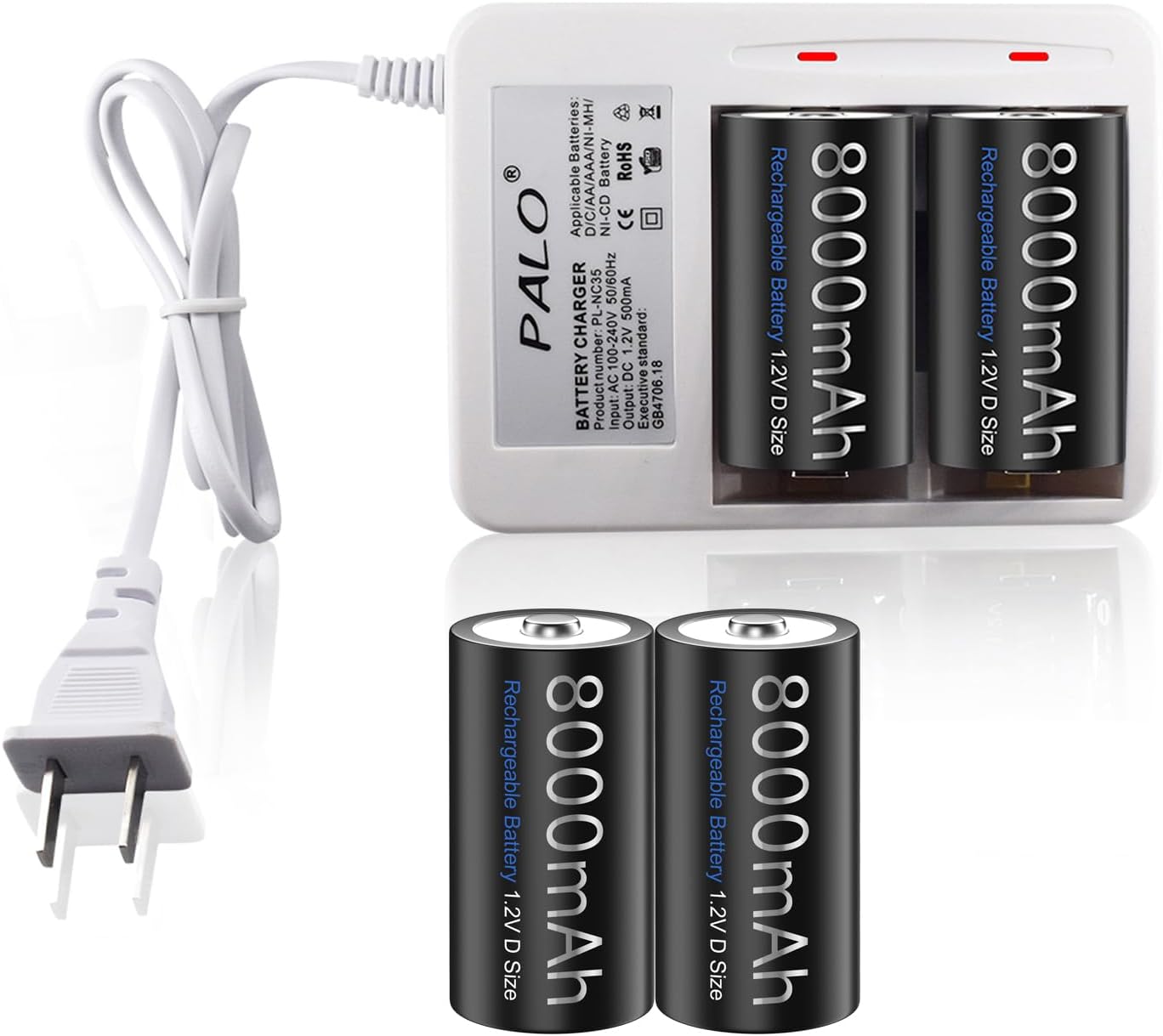 2 Pack Rechargeable D Size Batteries with Dual Slot LED Universal Ni-MH/Ni-CD Battery Charger for AA/AAA/C/D Rechargeable Battery